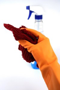 person with cleaning tools